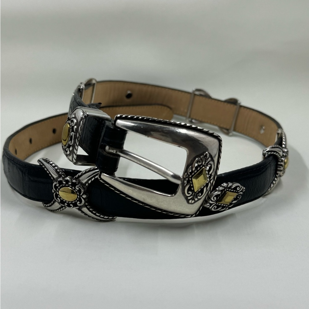 Brighton Black Leather Croc Embossed Silver And Brass Hardware Statement Belt XS